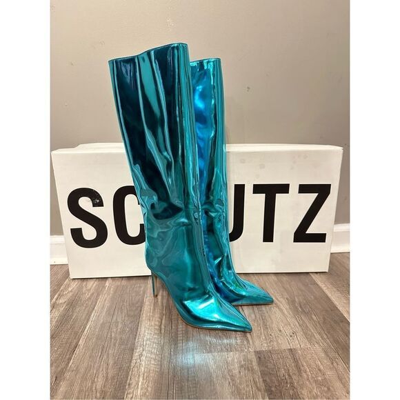 Schutz Mary Mary Up Turquoise Metallic Leather Pointed-Toe Knee-High Boots - Picture 7 of 12
